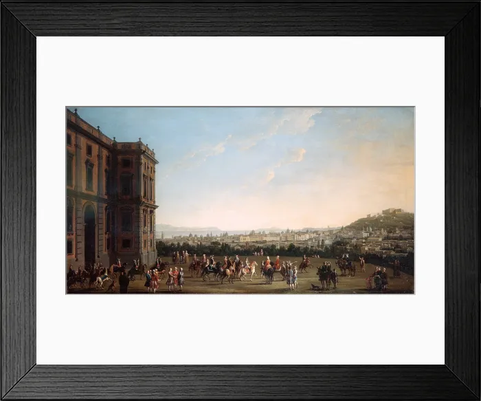 Framed Print : Ferdinand IV on Horseback and His Entourage in Capodimonte (Ferdinando IV sul suo cavallo e la corte a Capodimonte), by Antonio Joli, 18th Century