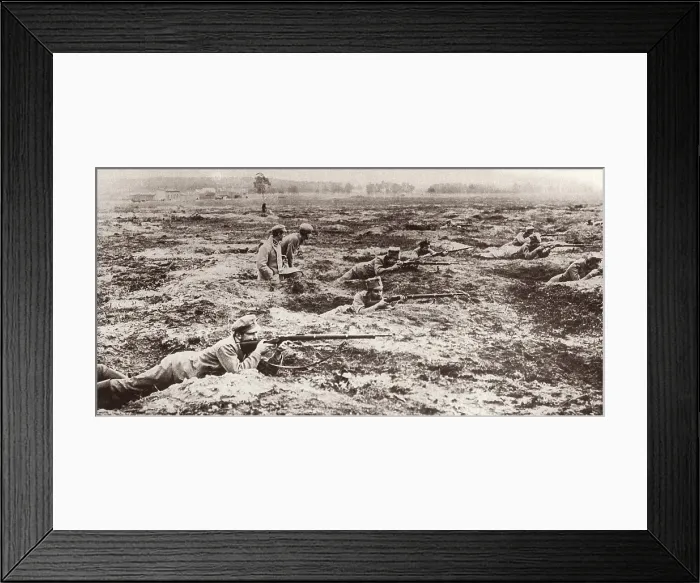 Framed Print : World War 1 Polish Infantry of the German Army in East Prussia in 1914. They are on flat ground firing from individual rifle pits. (BSLOC_2012_4_8)