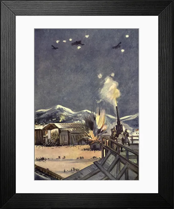 Framed Print : British WW1 aeroplanes bombing a Zeppelin Factory in Germany on Nov. 21, 1914. Three British planes flew 250 miles across mountains to Friedrichshafen, Germany