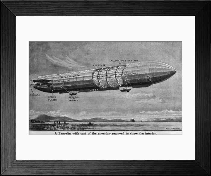 Framed Print : A WW1 Zeppelin with part of the covering removed to show the interior. 1914-18 Framed Print : A WW1 Zeppelin with part of the covering removed to show the interior. 1914-18