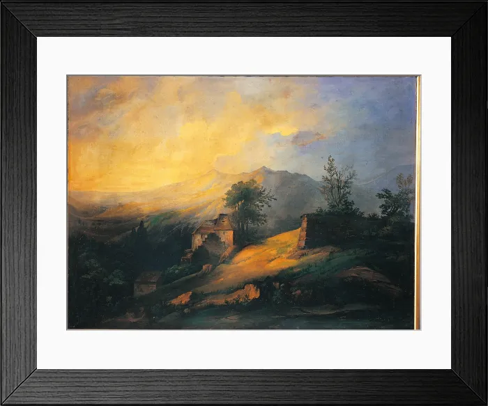 Framed Print : Mountain Landscape, by Anonymous artist, 19th Century, oil on canvas, cm 91 x 124, 5 - Italy, Lombardy, Milan, Archbishops Palace, inv. 544. All clouds sky mountain houses trees