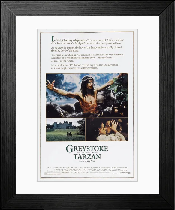 Framed Print : GREYSTOKE: THE LEGEND OF TARZAN, LORD OF THE APES, US poster, Christopher Lambert (top), bottom from left: Andie MacDowell, Christopher Lambert, 1984
