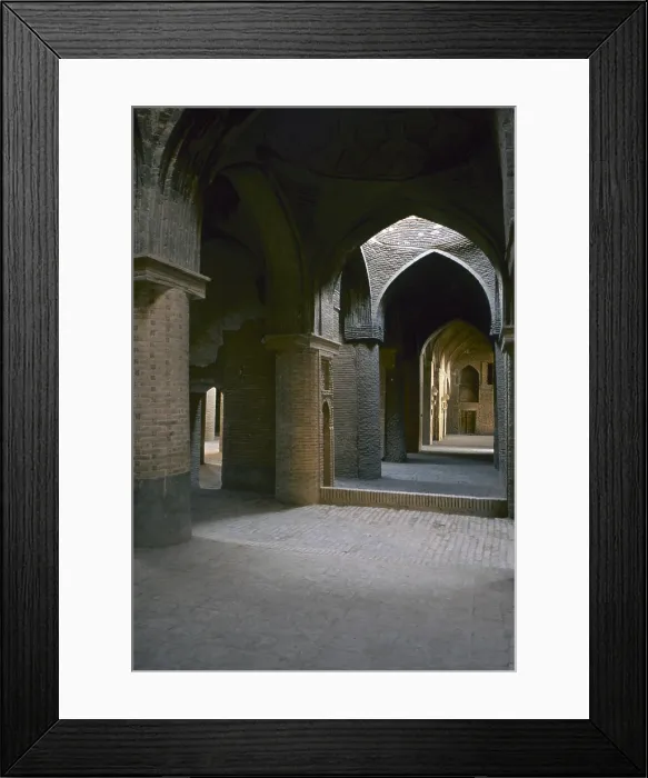 Framed Print : Corridor in the Friday Mosque (Masijd-i jami), 12th Century, mixed technique - Detail. View of the long corridor with strong pillars and pointed arches