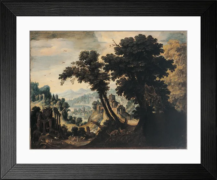 Framed Print : Landscape, by Anonymous artist, 17th Century, oil on canvas, cm 90 x 120 - Italy, Lombardy, Milan, Archbishopric. All. Sky trees birds houses view landscape Framed Print : Landscape, by Anonymous artist, 17th Century, oil on canvas, cm 90 x 120 - Italy, Lombardy, Milan, Archbishopric. All. Sky trees birds houses view landscape