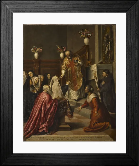 Framed Print : Senator Pasquale Cicogna Taking Part in the Mass while Father Priamo Balbi Administers the Eucharist, by Jacopo Negretti known as Palma the Younger, 1586 - 1587 about