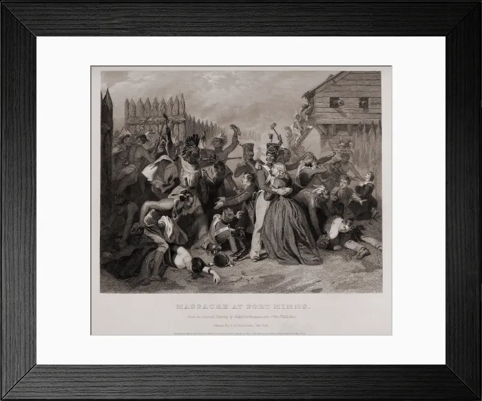 Framed Print : Massacre at Fort Minns. On August 30 1813 Creek Indians killed hundreds of settlers mixed-blood Creeks and militia at Fort Mims 35 miles north of present-day Mobile Alabama