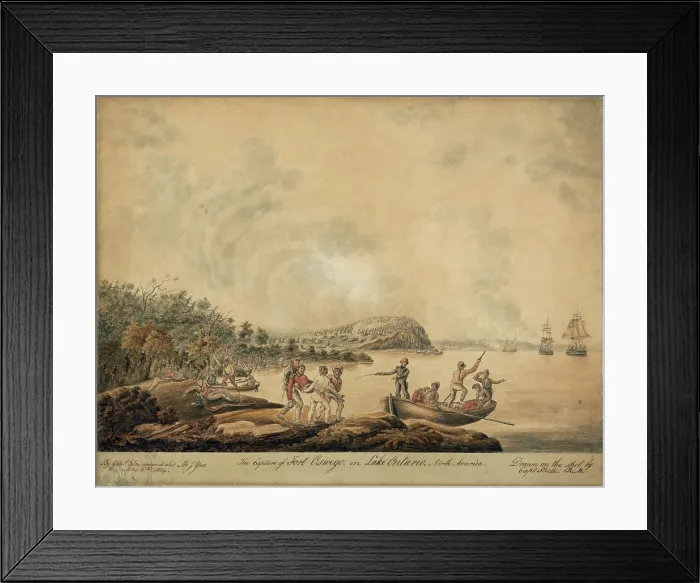 Framed Print : The capture of Fort Oswego on Lake Ontario. British soldiers carrying the injured to a rowboat