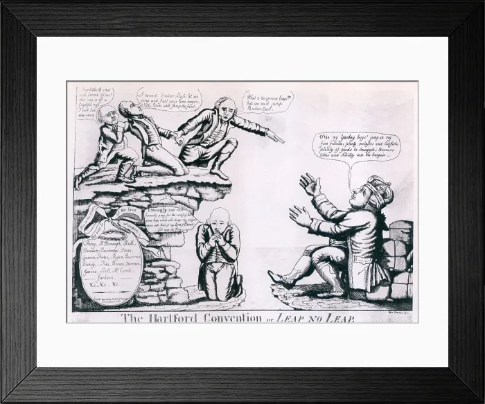 Framed Print : The Hartford Convention. Political cartoon shows three New England states on the ledge plotting to jump into the arms King George III Framed Print : The Hartford Convention. Political cartoon shows three New England states on the ledge plotting to jump into the arms King George III