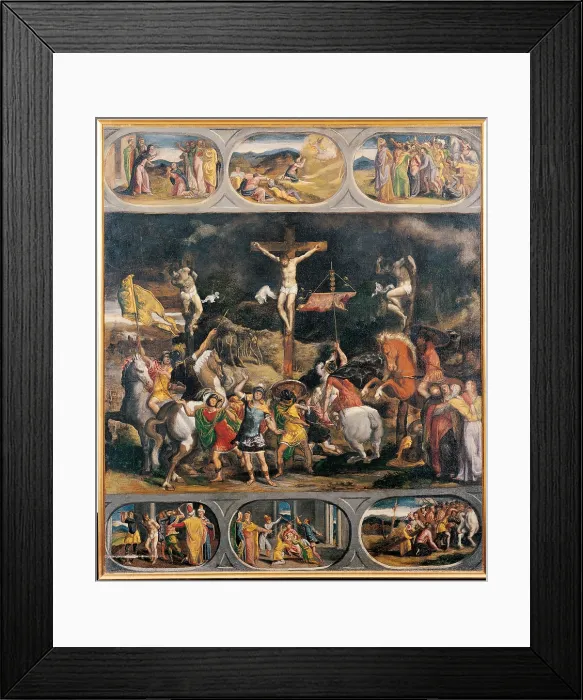 Framed Print : Crucifixion with Scenes from the Passion, by Giovanni da Monte, 1557 - 1583, 16th Century, oil on canvas, cm 135 x 114 - Italy, Lombardy, Milan, Archbishopric. All