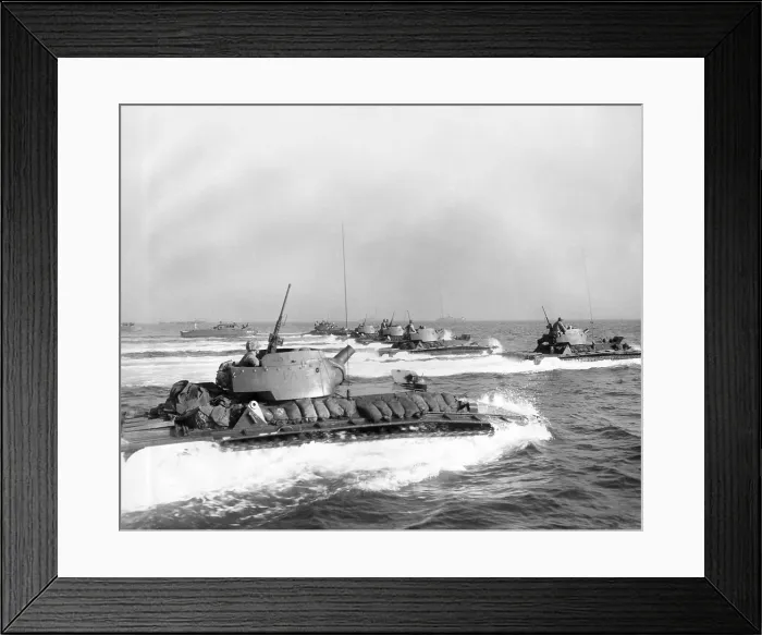 Framed Print : Armored amphibious tractors in the first waves of the Marine invasion of Okinawa. April 1, 1945. World War 2. (BSLOC_2013_13_79)