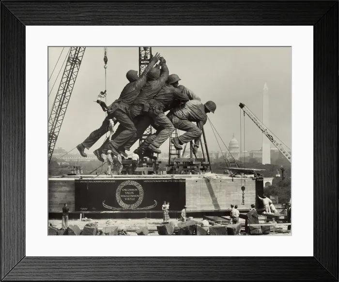 Framed Print : Placement the statue depicting marines raising the American flag on Mount Suribachi, Iwo Jima. Sculpture for the Marine Memorial by Felix W