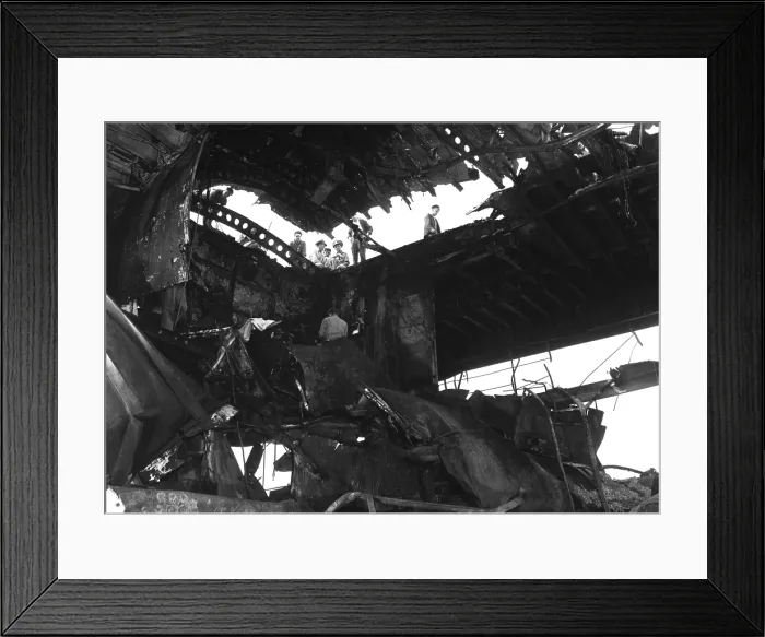 Framed Print : USS Randolph aircraft carrier after a strike by a Japanese Kamikaze suicide plane. The flight deck and hanger were damaged while she was anchored at Ulithi Atoll. March 11, 1945