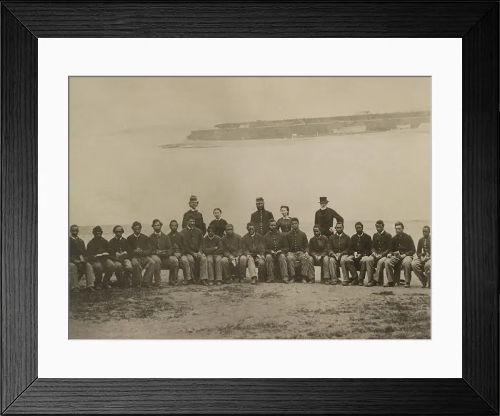 Framed Print : Group portrait of white and African American soldiers seated, many with open books in their laps