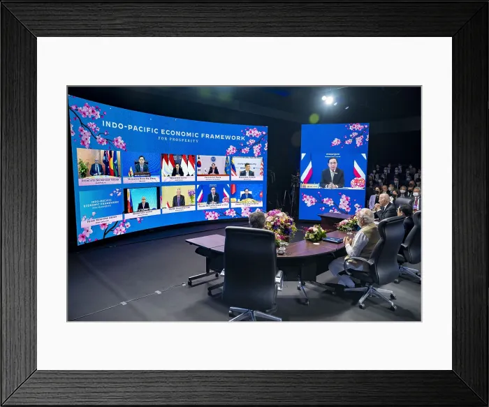 Framed Print : President Joe Biden, joined by Japanese PM Kishida Fumio and Indian PM Narendra Modi, launch virtual meeting for the Indo-Pacific Economic Framework for Prosperity (IPEF) aka