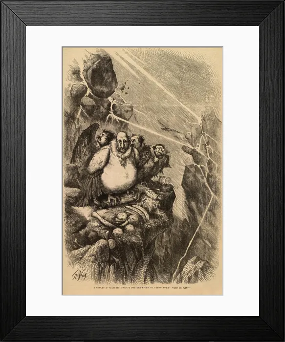 Framed Print : A group of vultures waiting for the storm to Blow Over - -Let Us Prey. The political cartoon by Thomas Nast was published in Harpers Magazine, on Sept. 23, 1871