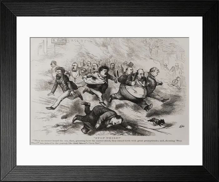 Framed Print : Stop thief!. Political cartoon by Thomas Nast for Harpers Magazine, Oct. 7, 1871. William Boss Tweed and members of his ring, Peter B. Sweeny, Richard B. Connolly, and A Framed Print : Stop thief!. Political cartoon by Thomas Nast for Harpers Magazine, Oct. 7, 1871. William Boss Tweed and members of his ring, Peter B. Sweeny, Richard B. Connolly, and A