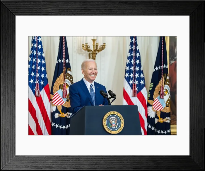 Framed Print : President Joe Biden speaks prior to signing H.R