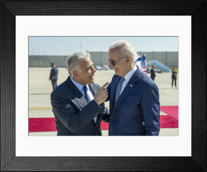 Framed Print : Prime Minister Yair Lapid greets President Joe Biden at Ben Gurion Airport in Tel Aviv, Israel, July 13, 2022. (BSLOC_2022_6_26) Framed Print : Prime Minister Yair Lapid greets President Joe Biden at Ben Gurion Airport in Tel Aviv, Israel, July 13, 2022. (BSLOC_2022_6_26)