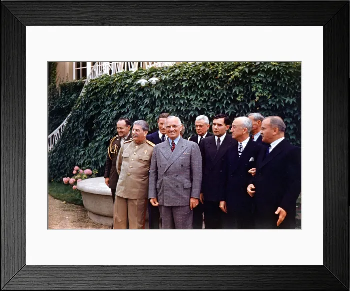 Framed Print : International group including Soviet leader, Josef Stalin and US President Harry Truman, at the post-WW2 Potsdam Conference, July 18, 1945. Left to right: US Gen