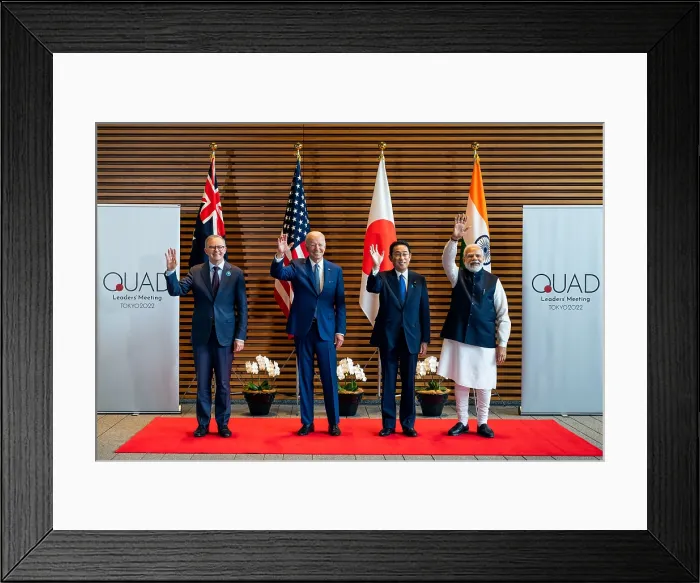 Framed Print : President Joe Biden, Japanese PM Kishida Fumio, Indian PM India Narendra Modi, and Australian PM Anthony Albanese, pose before the Quad Leaders Summit in Tokyo, May 24, 2022 Framed Print : President Joe Biden, Japanese PM Kishida Fumio, Indian PM India Narendra Modi, and Australian PM Anthony Albanese, pose before the Quad Leaders Summit in Tokyo, May 24, 2022