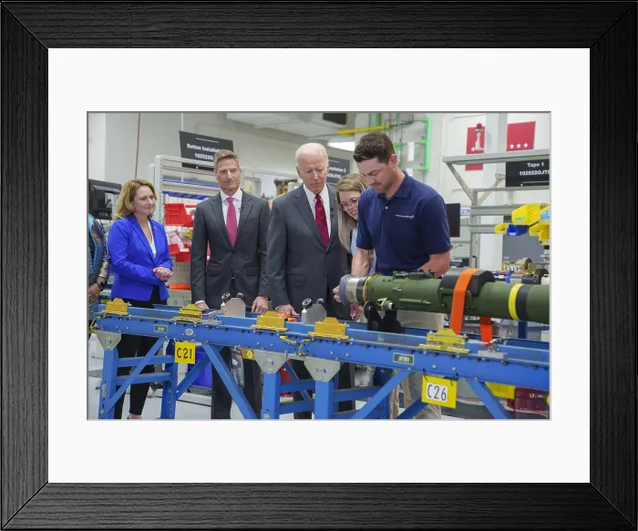 Framed Print : President Joe Biden visits a Lockheed Martin plant in Troy, Alabama, where workers manufacture Javelin anti-tank missiles for Ukraine