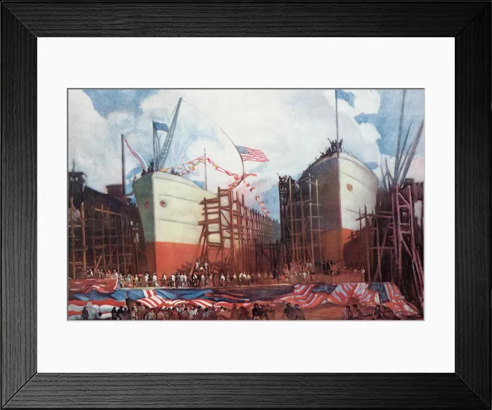 Framed Print : Merchant marine ships under construction at the end of WW1. 1919. Painting by John C. Johnson. (BSLOC_2012_4_95)