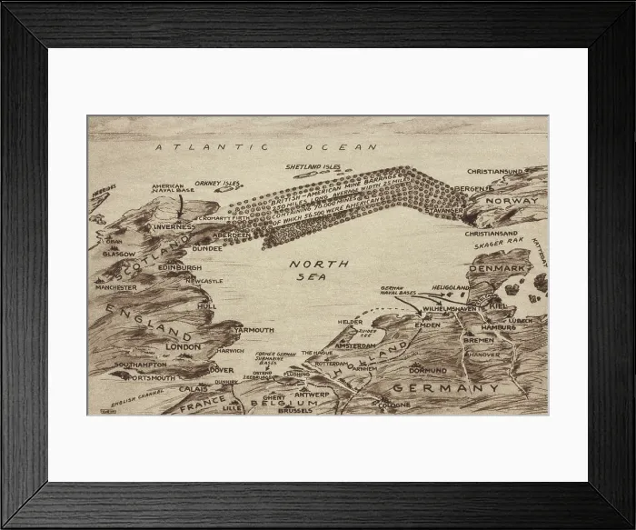Framed Print : Map of WW1 British-American Mine field in the North Sea. 1917-18. A field of over 70, 000 mines laid between Scotland and Norway supported the Allied blockade of German shipping