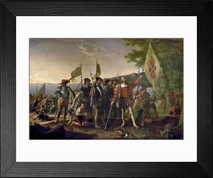 Framed Print : Christopher Columbus and his crew on a New World beach, probably in the Bahamas, on October 12, 1492