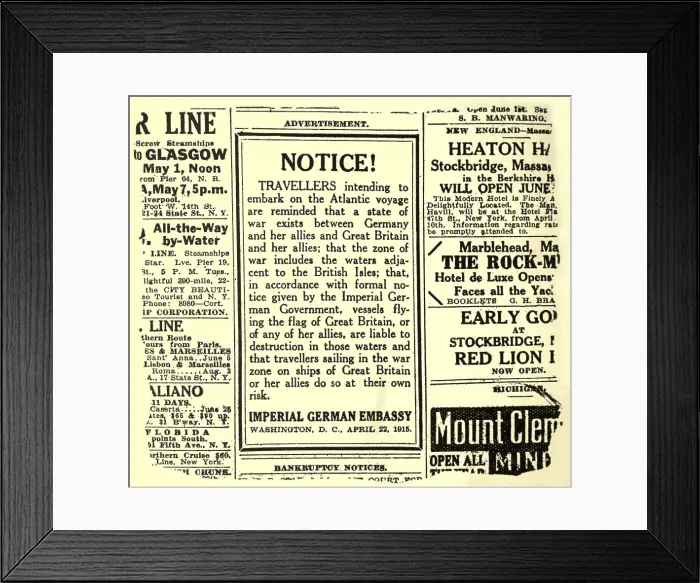 Framed Print : German advertisement warning travelers of RMS Lusitania. May 1, 1915. The liner was torpedoed off the Irish coast by a Grman submarine only five days later