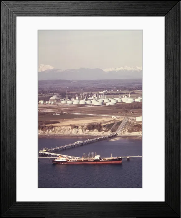 Framed Print : Oil Tanker off loading its liquid cargo at Cherry Point on Puget Sound. Ca. 1973-75