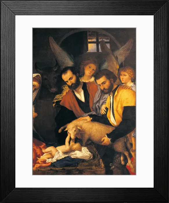 Framed Print : Adoration of the Shepherds, by Lorenzo Lotto, 1534 about, 16th Century, oil on canvas, cm 147 x 166 - Italy, Lombardy, Brescia, Civic Museums of Art and History. Detail Framed Print : Adoration of the Shepherds, by Lorenzo Lotto, 1534 about, 16th Century, oil on canvas, cm 147 x 166 - Italy, Lombardy, Brescia, Civic Museums of Art and History. Detail