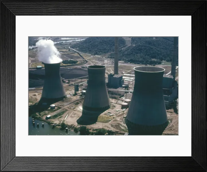Framed Print : Water cooling towers of the John Amos Power Plant is a coal fueled generating plant in West Virginia. Ca. 1973-75