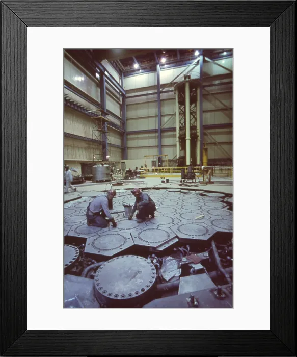 Framed Print : Workers on the refueling floor of the St. Vrain Nuclear Power Plant near Platteville Colorado. The plant operated from 1977-1992. Photo ca. 1973-75