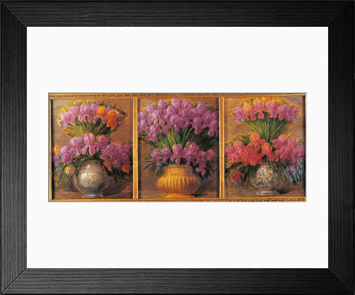 Framed Print : Ireos, by Gaetano Previati, 1913, 20th Century, oil on canvas, cm 67, 5 x 56 - Italy, Lombardy, Milan, private collection. Triptych iris vases pink purple red brown vase