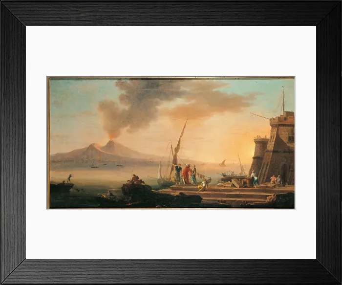 Framed Print : Neapolitan Seascape with Fortification and the Vesuvius, by Bremer, 17th Century - 18th Century, oil on canvas, cm 68 x 128 - Italy, Lombardy, Brescia, Credito Agrario Bresciano