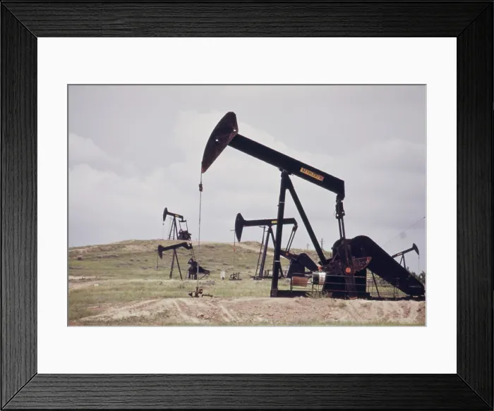 Framed Print : Oil wells near the historical Teapot Dome petroleum reserve of the President Warren Harding administration's oil leasing corruption scandal in the 1920's. Ca. 1973-75