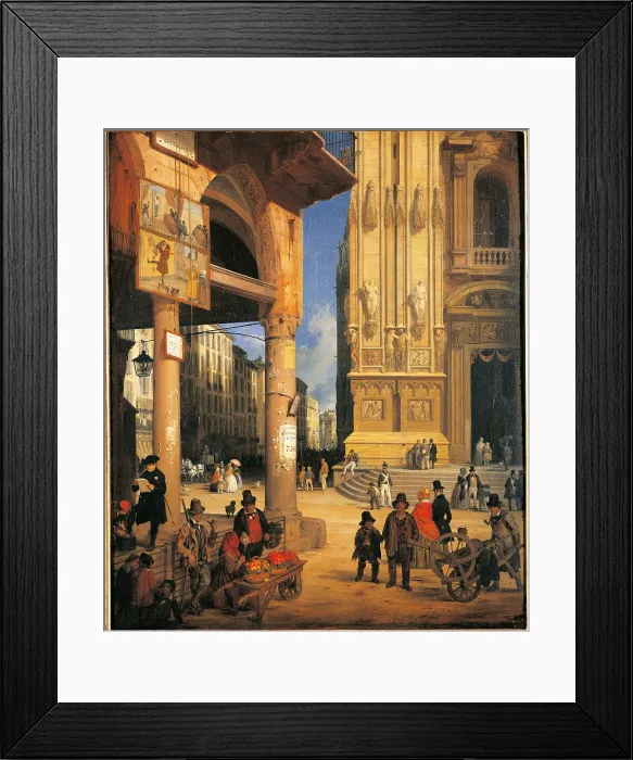 Framed Print : Market of Figini, by Angelo Inganni, 19th Century, oil on woven board, cm 93 x 76 - private collection. All