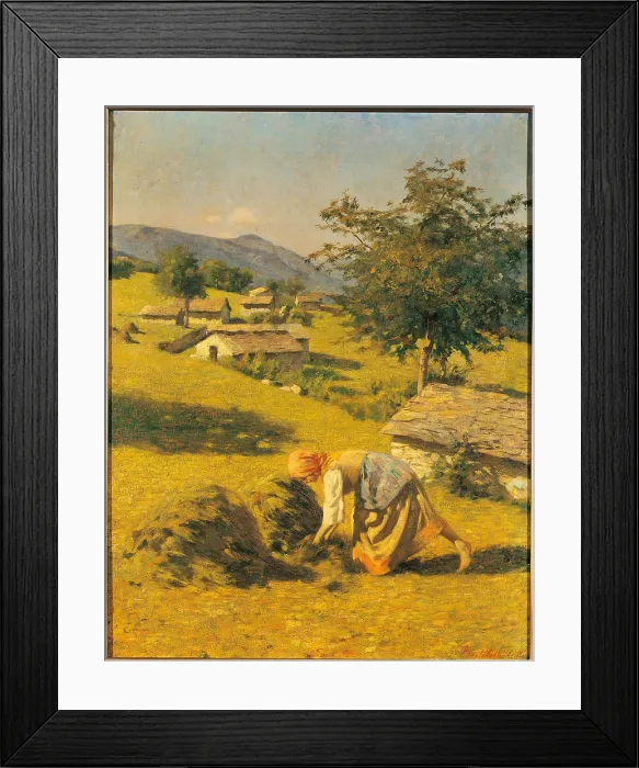 Framed Print : Hay Harvesting, by Cesare Bertolotti, Unknown, oil on canvas, cm 82 x 65 - Italy, Lombardy, Brescia, Credito Agrario Bresciano. All harvesting hay yellow green light blue azure