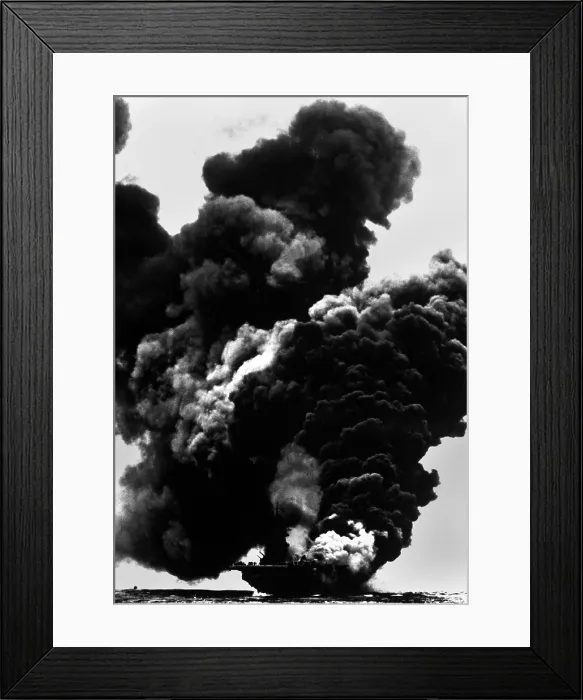 Framed Print : USS Bunker Hill aircraft carrier was hit by two Kamikazes in 30 seconds, May 11, 1945. 352 were killed the attack and fires that followed. Battle of Okinawa, World War 2