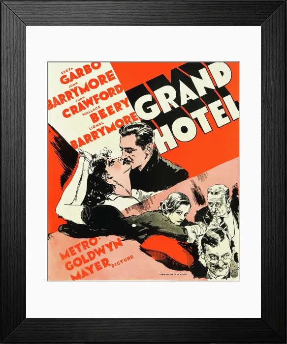 Framed Print : GRAND HOTEL, top from left: Joan Crawford, John Barrymore, bottom clockwise from left: Greta Garbo, Wallace Beery, Lionel Barrymore on window card, 1932