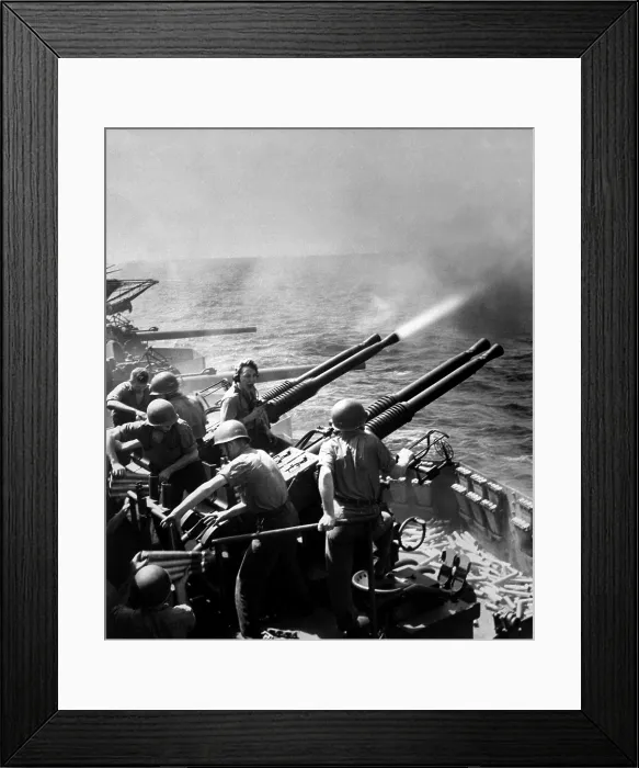 Framed Print : USS Hornet's 40mm guns firing as the carrier's planes were raiding Tokyo, Feb. 16, 1945. World War 2, Pacific Ocean. (BSLOC_2013_13_8)