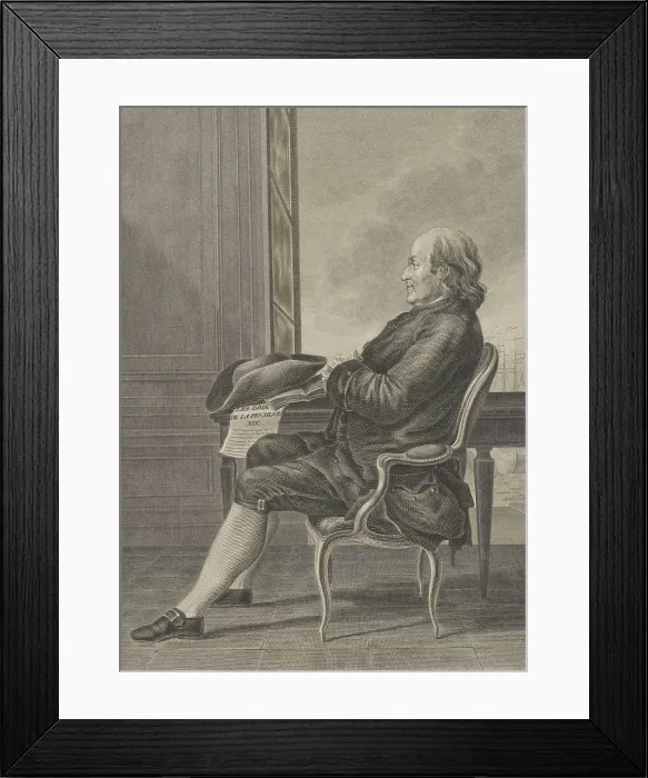 Framed Print : Benjamin Franklin, in a full length, seated, profile portrait, c Framed Print : Benjamin Franklin, in a full length, seated, profile portrait, c