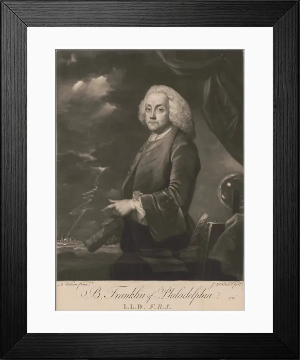 Framed Print : Benjamin Franklin, 1761, in mezzotint engraving by James McArdell, after a painting by British artist, Benjamin Wilson. Franklin, holds a book entitled Electric Expts Framed Print : Benjamin Franklin, 1761, in mezzotint engraving by James McArdell, after a painting by British artist, Benjamin Wilson. Franklin, holds a book entitled Electric Expts