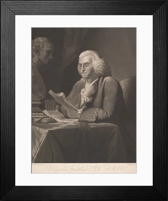 Framed Print : Benjamin Franklin, reading a manuscript. The 1793 mezzotint engraving by Edward Savage was made after a painting by British artist David Martin, which was published in 1793