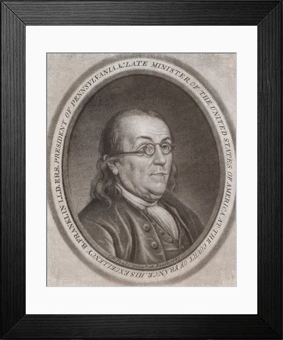 Framed Print : Benjamin Franklin, by Charles Willson Peale, American mezzotint engraving, 1787. The inscription reads, His Excellency B. Franklin, L.L.D. F.R.S