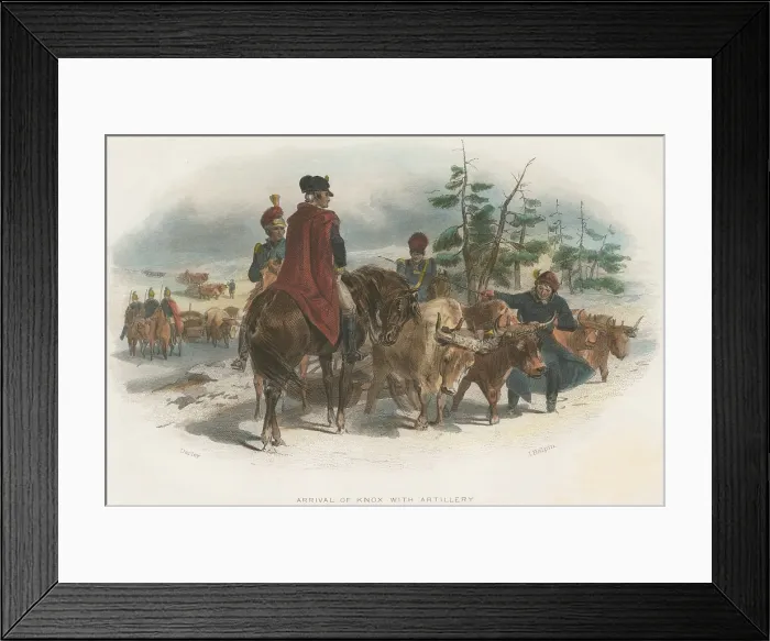 Framed Print : American Revolution. General Henry Knox arrived in Boston with 59 cannons and mortars from Fort Ticonderoga on Jan. 25, 1776 Framed Print : American Revolution. General Henry Knox arrived in Boston with 59 cannons and mortars from Fort Ticonderoga on Jan. 25, 1776