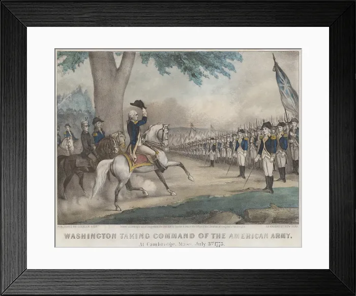 Framed Print : American Revolution. George Washington taking command of the Army at Cambridge, July 3, 1775. His first inspection of the army Framed Print : American Revolution. George Washington taking command of the Army at Cambridge, July 3, 1775. His first inspection of the army