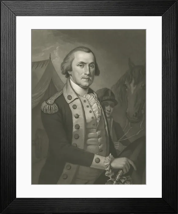 Framed Print : American Revolution. George Washington, Commanding General of Continential Army of the United States, 1775-1783. Uniformed Washington rests his right hand on his sword