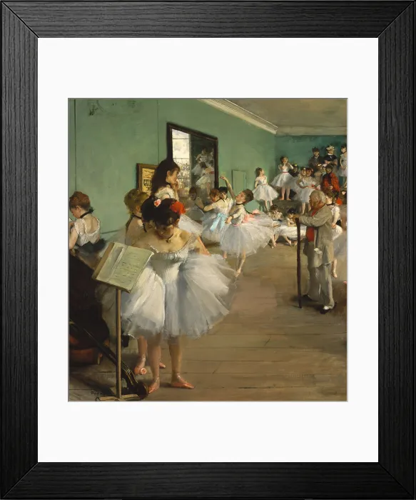 Framed Print : The Dance Class, by Edgar Degas, 1873, French impressionist painting, oil on canvas. Over twenty women, ballerinas and their mothers, wait while a dancer executes her examination
