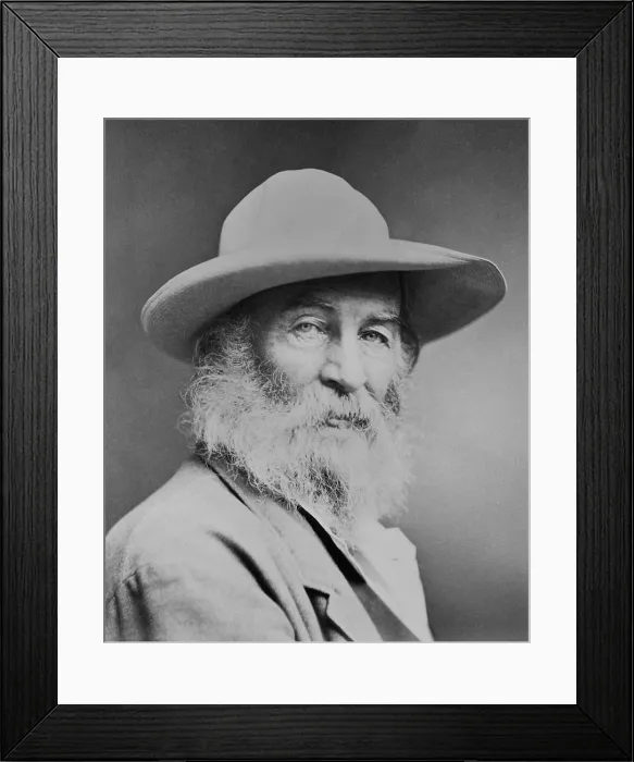 Framed Print : Walt Whitman, 1870, in head-and-shoulders portrait, facing front and wearing a hat. This is known as the Quaker Portrait taken when Whitman was 50 years (BSLOC_2019_8_123)